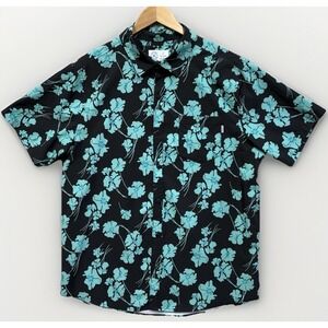 Hurley Men's Hawaiian Button Up Shirt Size L Black Teal Poly Spandex Floral